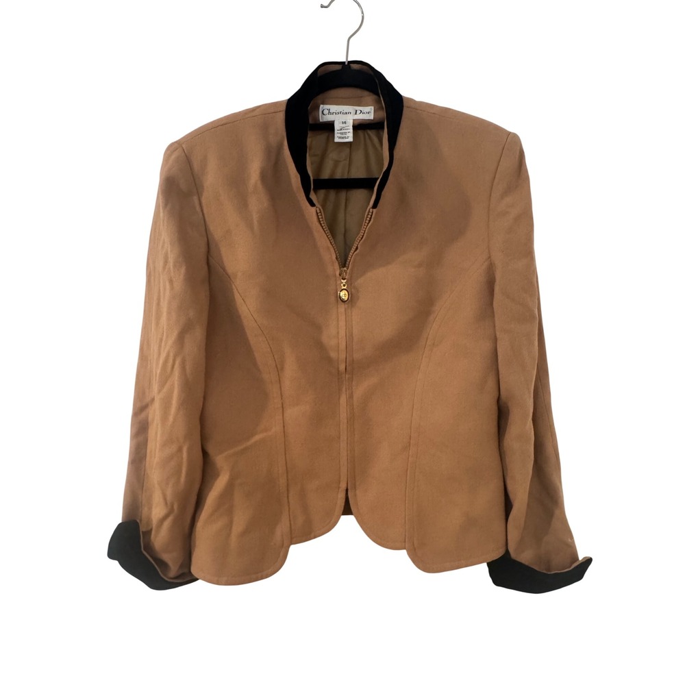 Christian Dior Vintage Camel 100%Wool Zip Front Blazer Velvet Trim Womens 14